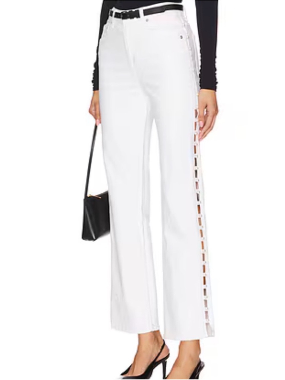 SINKHAI women’s White High-Rise Side-Cutout pearl Straight Jeans SIZE 29